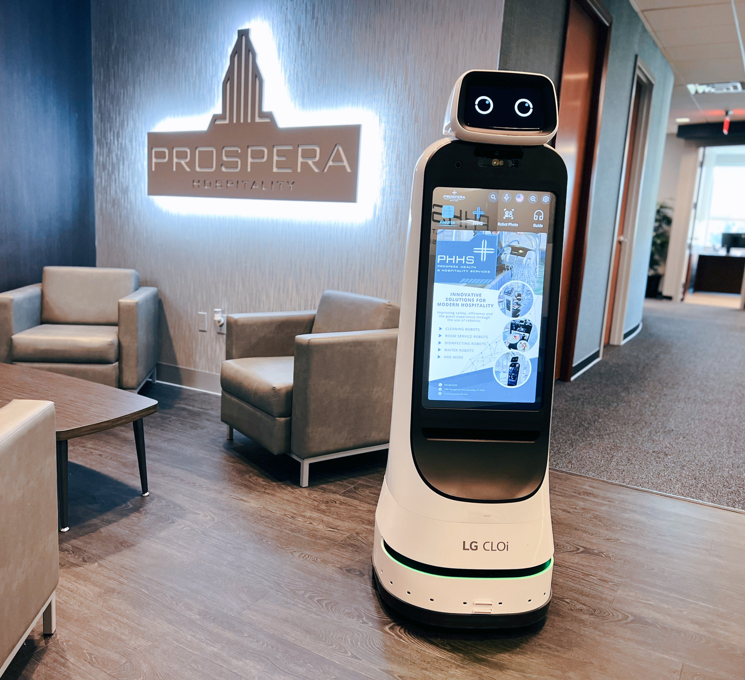 LG CLOi Guidebot with PHHS and Prospera logos